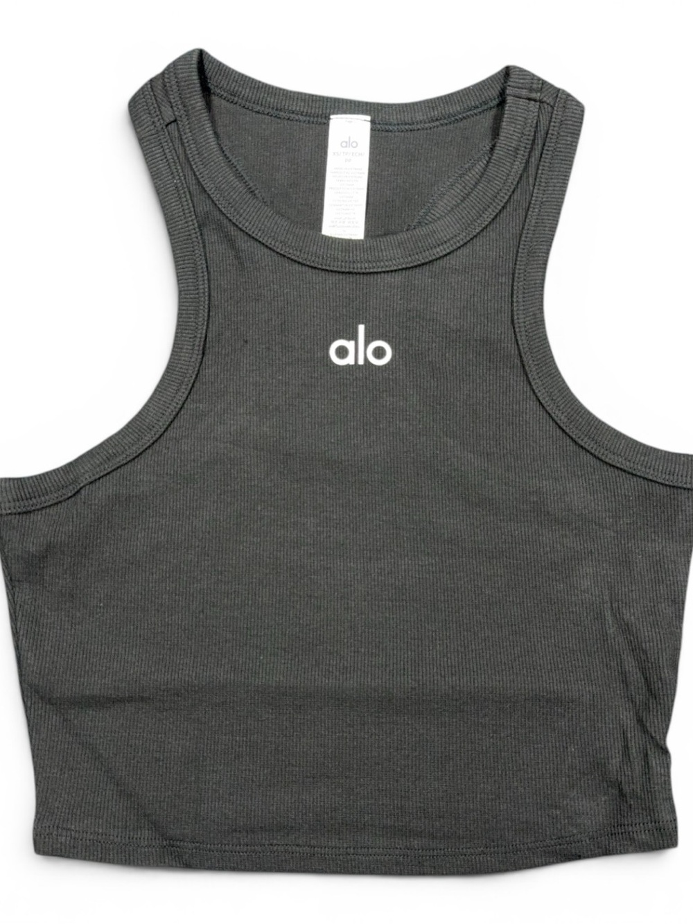 ALO Yoga Black Ribbed Cropped Tank with White Logo